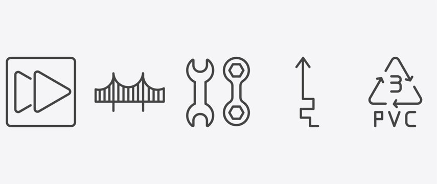 user interface icon set with bridge, mechanic tool, arrow heading up, 3 pvc signs in flat outline style