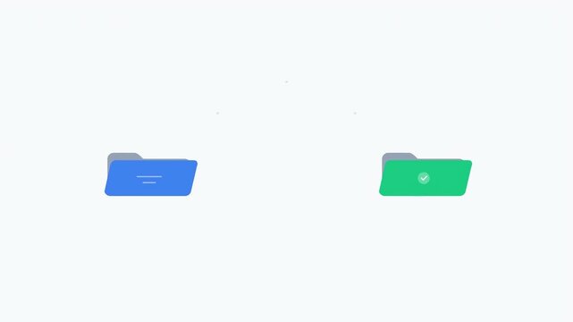 Animated file transfer: digital folders receiving document in blue and green interface