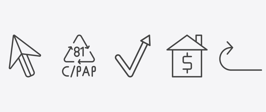 user interface icon set with c/pap 81, check mark arrow, house value, right curve arrow signs in flat outline style