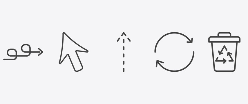 user interface icon set with mouse cursor, up broken line arrow, continuous, recycling container signs in flat outline style