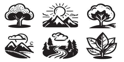 Obraz premium Nature icon set with trees, mountains, sun, clouds, and leaves in black and white