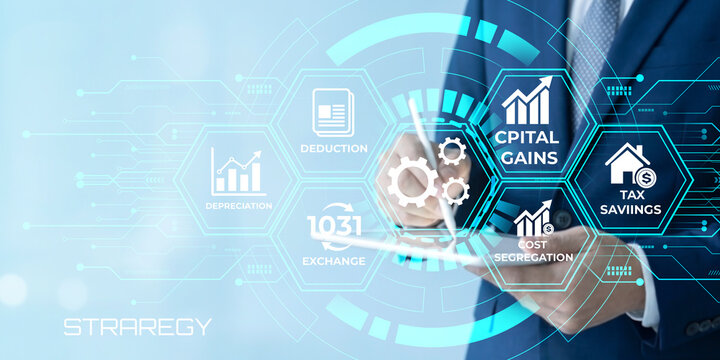Professional using digital interface showcasing tax strategy concepts like capital gains cost segregation tax savings depreciation and 1031 exchange