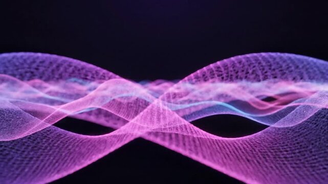 Pink and blue 3D wireframe mesh waves on black background