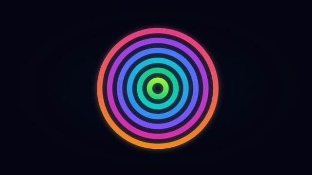Vibrant neon circles pulsating in symmetrical motion over dark background