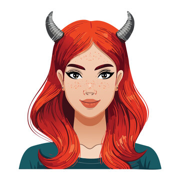 Stylized portrait of a woman with red hair and horns isolated