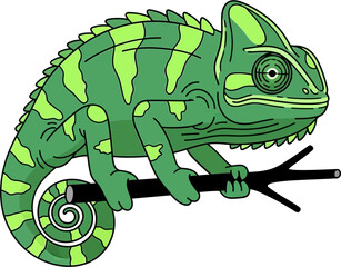 Obraz premium A vibrant green cartoon chameleon with light stripes perches on a dark branch, showcasing its unique features and curled tail.
