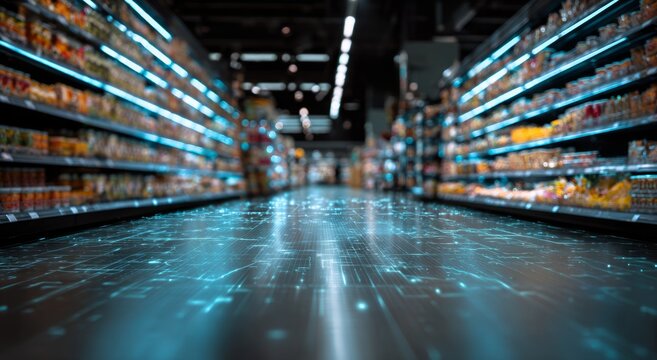 Futuristic grocery aisle with glowing digital floor