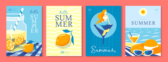 Set of summer Italian posters or covers with lemonade, lemons, mermaid, cocktail, sunglasses  and beach landscape. Vector illustration © annbozhko