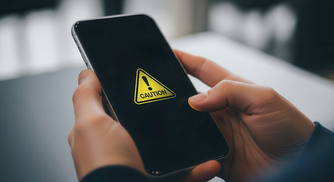 Warning alert triangle displayed on smartphone screen with caution symbol