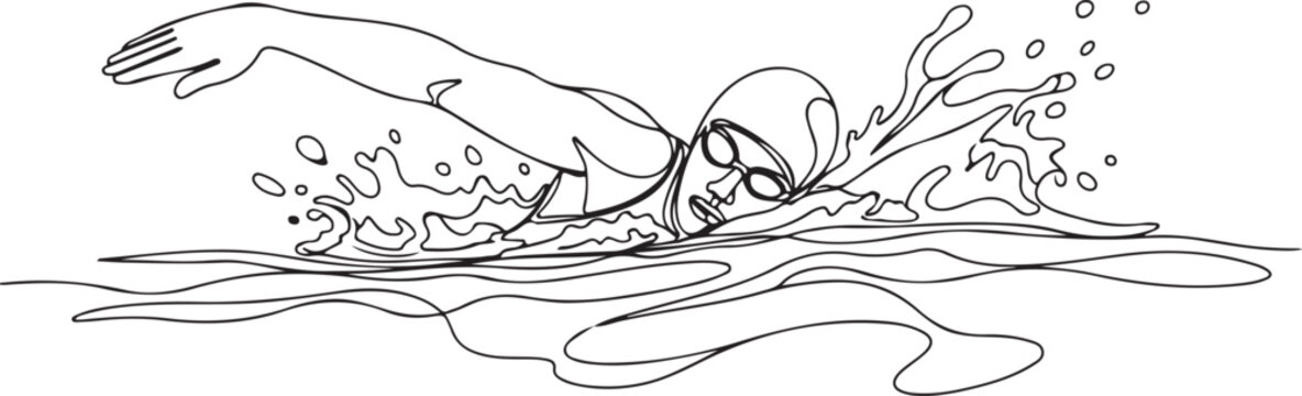 Person swimming in water with splash effect Continuous Line Art Vector Illustration