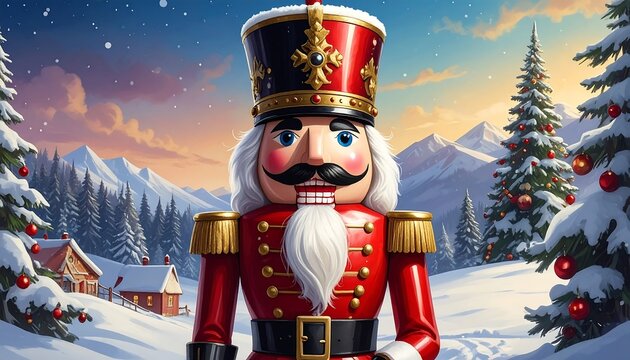 Festive nutcracker character in snowy, decorated winter wonderland, mountains backdrop
