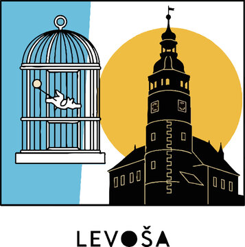 Levoca Slovakia Illustration Featuring a Bird in a Cage and a Tower.