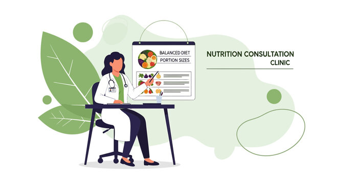 Nutritionist consulting patient about healthy diet and portion sizes at clinic