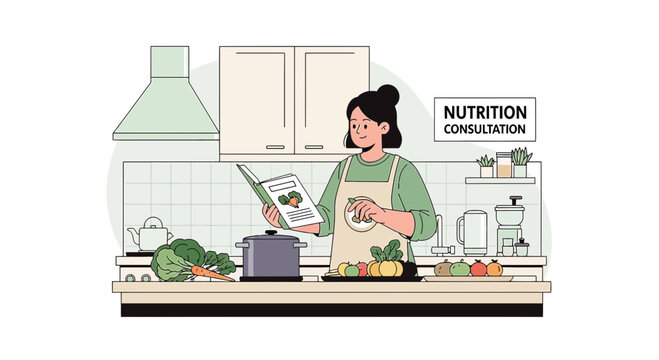 Nutritionist consulting patient in kitchen, healthy food, recipe book, wellness advice