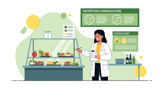 Nutritionist advising on healthy food choices and portion sizes in a clinic setting