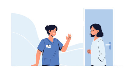 Fototapeta premium Nurse Welcomes Patient, Offering Health Support and Guidance in Clinic