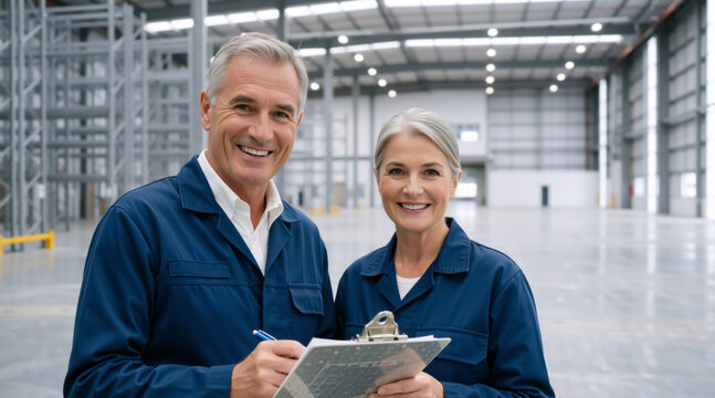 Smiling senior male and female workers with a clipboard in a large empty warehouse. Professional team of managers in blue uniforms standing in a modern industrial factory facility