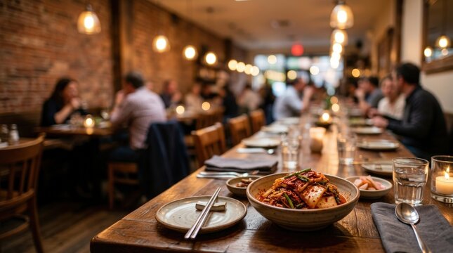 Panoramic restaurant style table scene with kimchi dish
