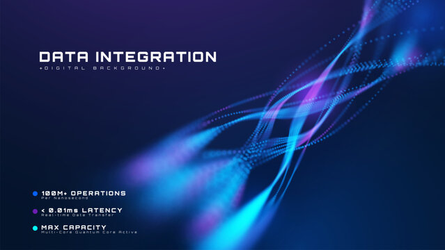 Abstract digital data integration background with blue glow wave. Future science poster and fast internet stream line.