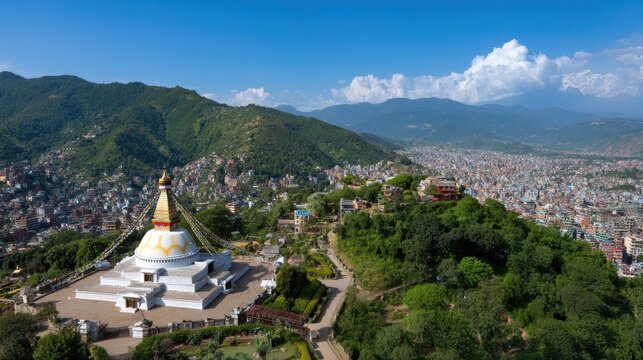 Majestic Stupa at Boudhanath with Panoramic View of Kathmandu Valley under Clear Blue Sky