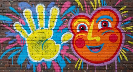 Obraz premium Colorful handprint and smiling face mural art