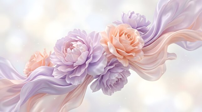 Vibrant flowers in shades of pink, purple, and peach adorn a flowing fabric, set against a softly blurred background with gentle light.