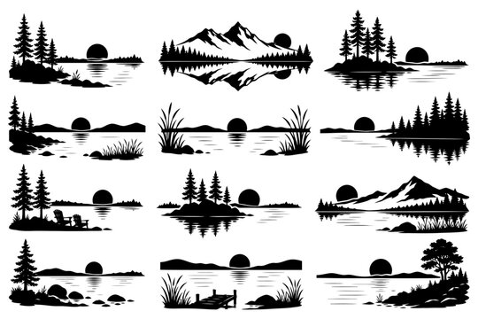 Scenic silhouette landscapes with sunsets and mountains.