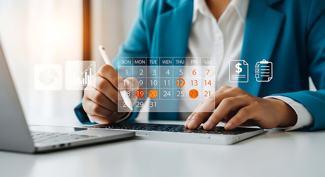 Business professional managing schedule and financial tasks with digital calendar overlay.