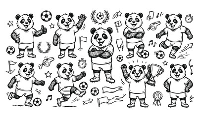 Vector doodle set of panda soccer player mascots with football equipment and trophy icons. Hand-drawn black and white line art collection of cartoon characters and sports elements. © Avartde