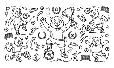 Vector doodle set of panda soccer player mascots with football equipment and trophy icons. Hand-drawn black and white line art collection of cartoon characters and sports elements. © Avartde