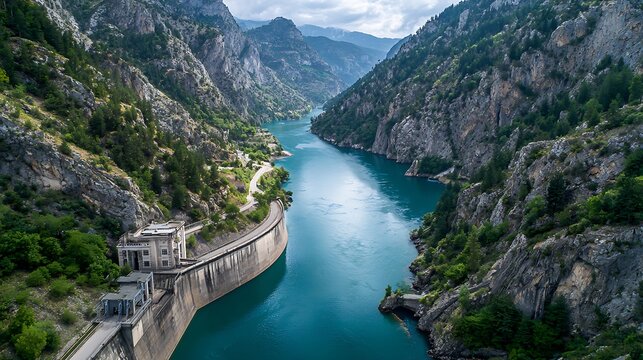 Aerial view of a hydroelectric dam reservoir in a scenic mountain canyon.