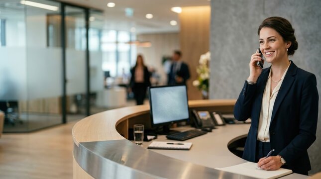 Profile portrait of receptionist answering call with poise