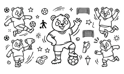 Vector doodle set of panda soccer player mascots with football equipment and trophy icons. Hand-drawn black and white line art collection of cartoon characters and sports elements. © Avartde