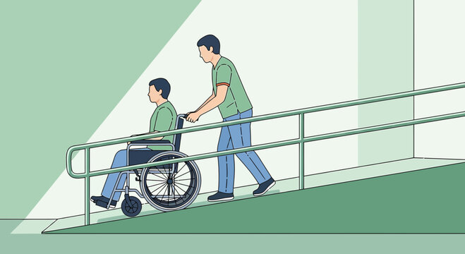 Man Pushing Person in Wheelchair Up Ramp with Handrails, Accessible Pathway