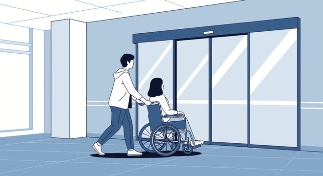Man Pushing Woman in Wheelchair Towards Automatic Glass Doors in Modern Building