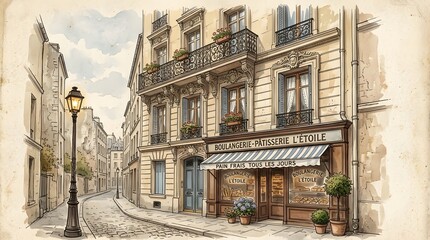 Fototapeta premium A quaint Parisian facade stands on a cobblestone street corner with a lamppost, showcasing a charming European cityscape at daytime.