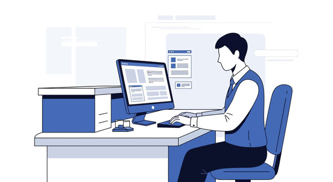 Man Working on Computer at Desk with Printer, Office or Home Office Setting