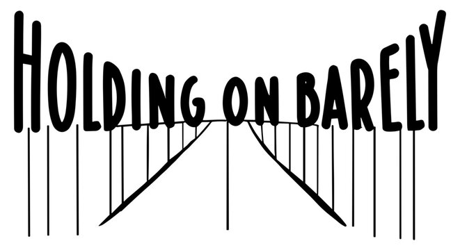 Holding on barely text silhouette t-shirt design with suspension bridge