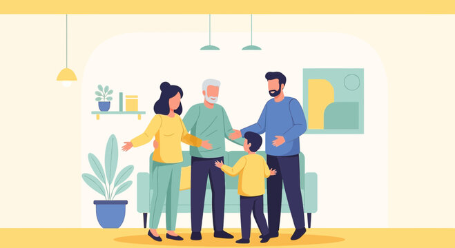 Multi-generational family reuniting at home, happy reunion, love and togetherness