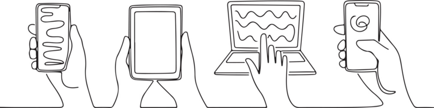 Minimalist continuous line hands using digital devices smartphone tablet laptop technology concept abstract single line drawing modern outline illustration