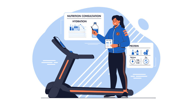 Fitness Coach with Hydration and Nutrition Info on Treadmill