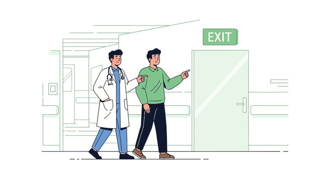 Doctor escorts patient to exit door in hospital hallway, exit sign visible