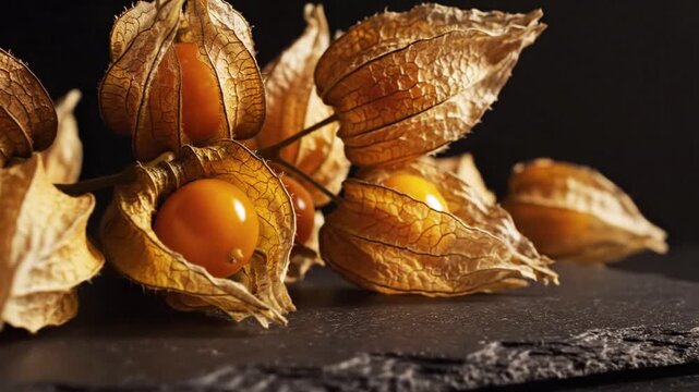Golden cape gooseberries on dark slate with textured edge, fresh organic fruit, healthy food ingredient, shallow depth of field