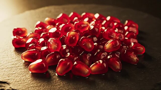 Pile of glistening ripe pomegranate seeds, ruby red arils, healthy food ingredient, natural texture detail