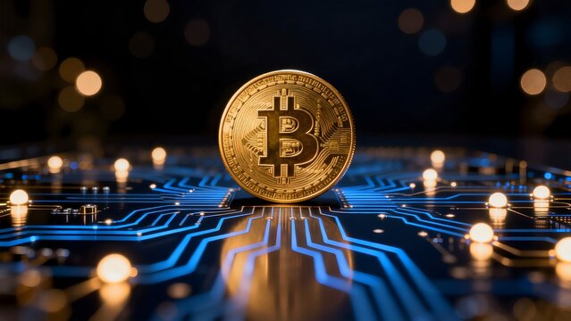 Golden Bitcoin on Circuit Board