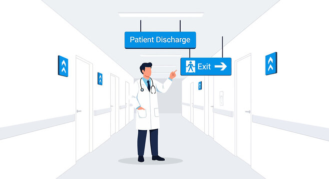 Doctor pointing to patient discharge and exit signs in hospital corridor