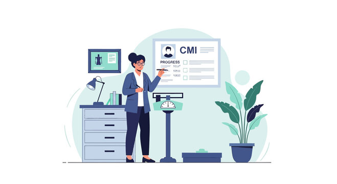 Doctor Consults Patient Progress on BMI Chart with Scale in Clinic Office