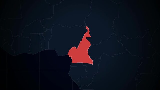 Zooming into a futuristic digital map of Cameroon with glowing neon borders on a dark HUD background