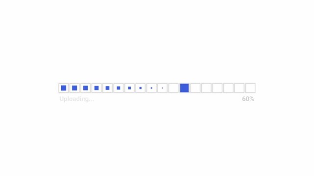 4K UI uploading complete animation with 18 outlined boxes and a single blue bar moving step by step across each box. Ideal for loading screens, tech interfaces, and progress concepts.