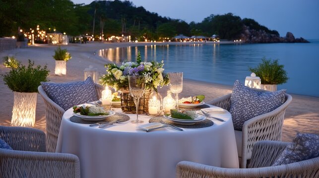 Romantic Beach Dinner Setup at Twilight with Elegant Table Decor and Scenic Ocean View